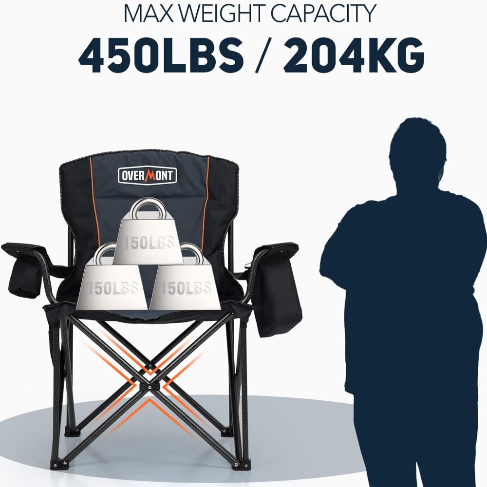 Overmont Oversized Folding Camping Chair - 450lbs Support with Padded Cushion Cooler Pockets - Heavy Duty Collapsible Chairs for Sports Garden Beach Fishing Black - Image 5